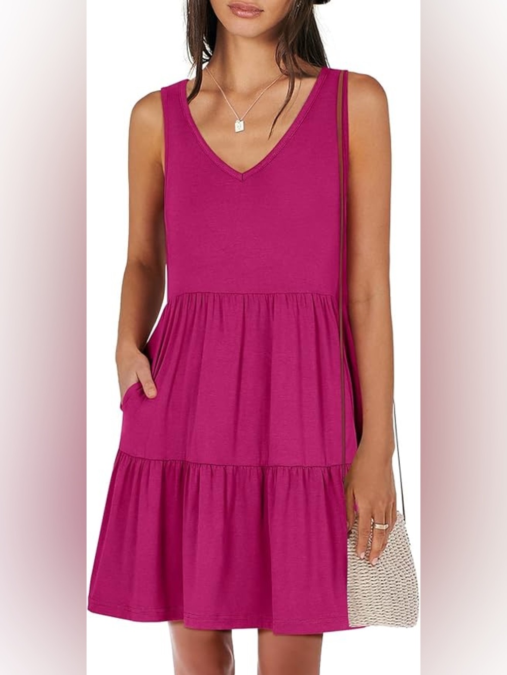 Sleeveless V-Neck Tiered Dress in Magenta